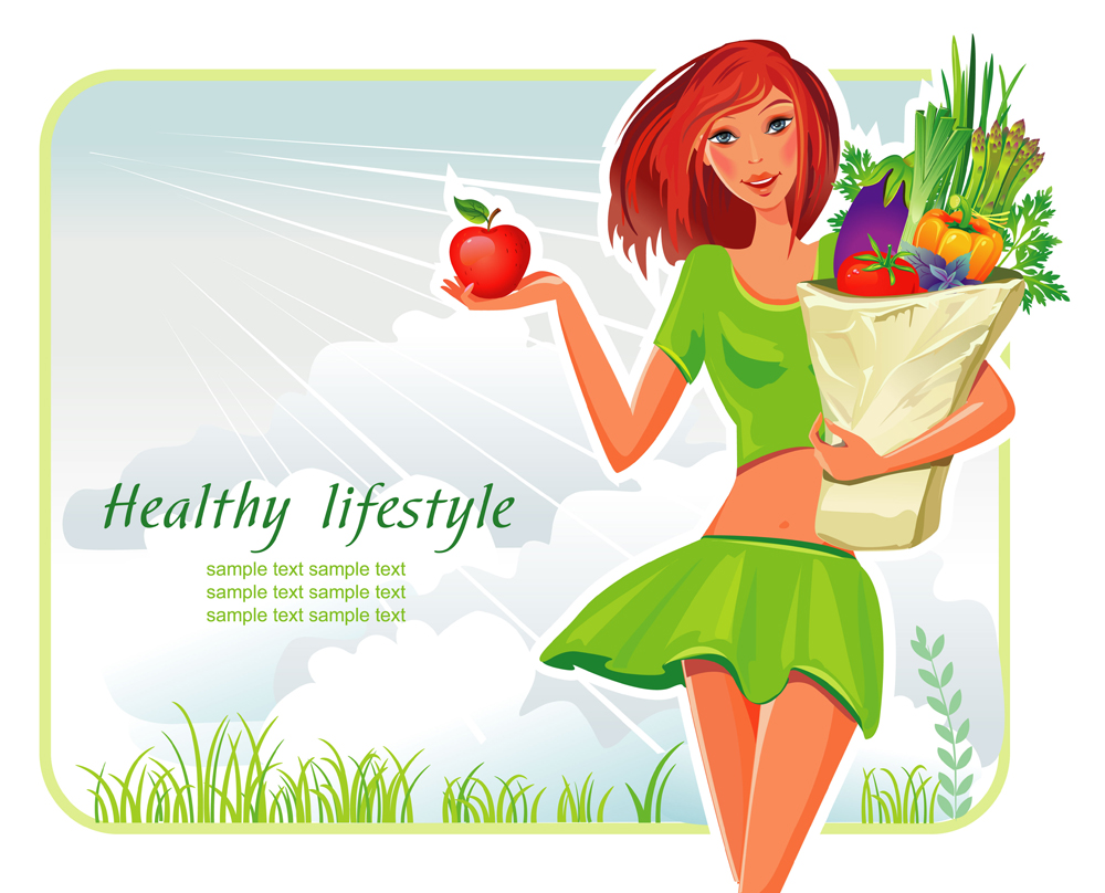 healthy lifestyle banner young lady vegetables sketch