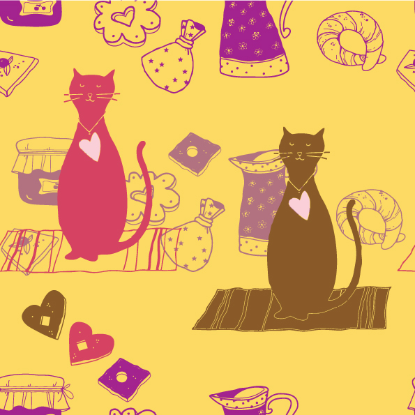 decorative background cats objects sketch retro flat handdrawn