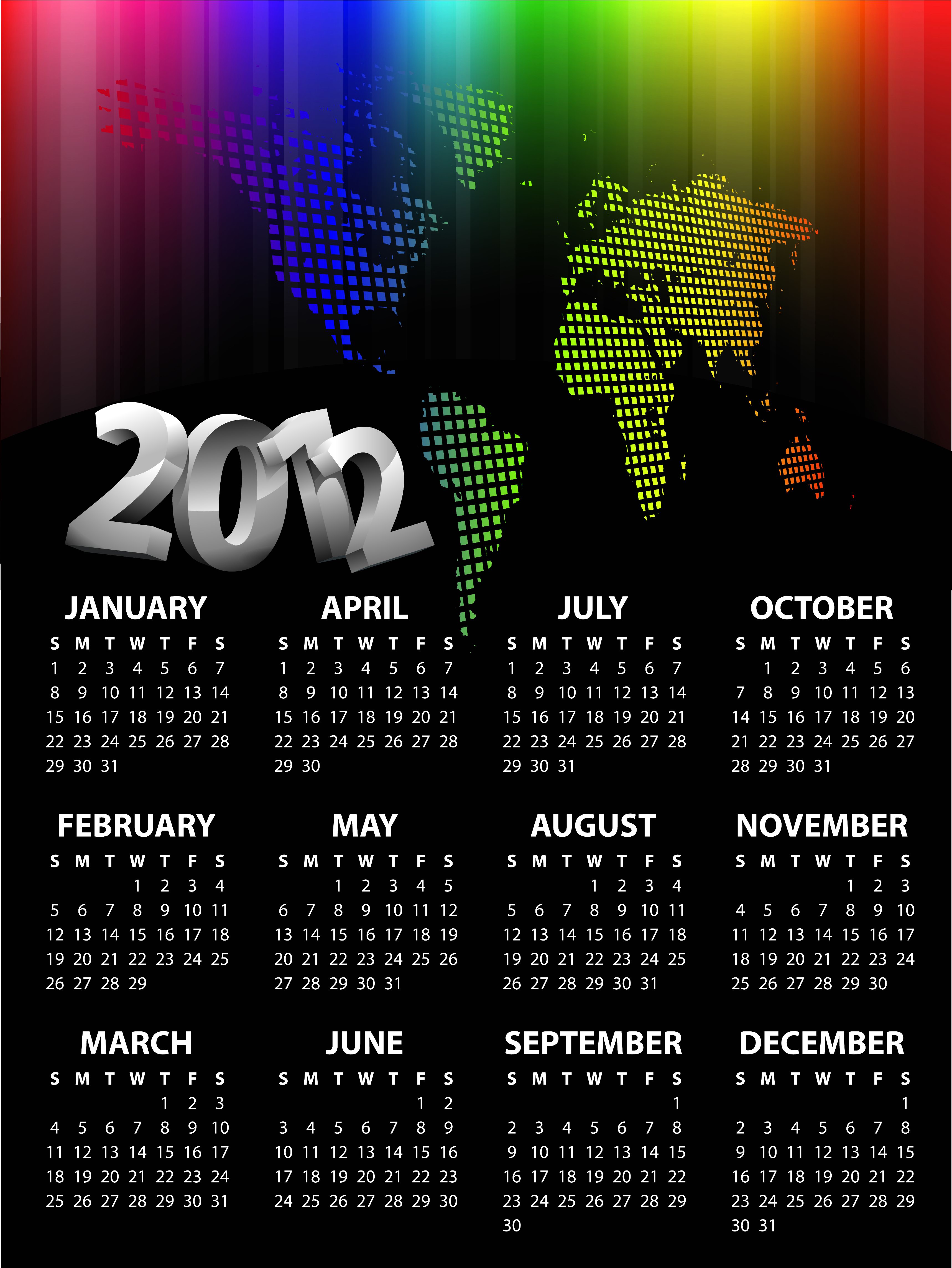 2012 calendar template modern dark 3d number map