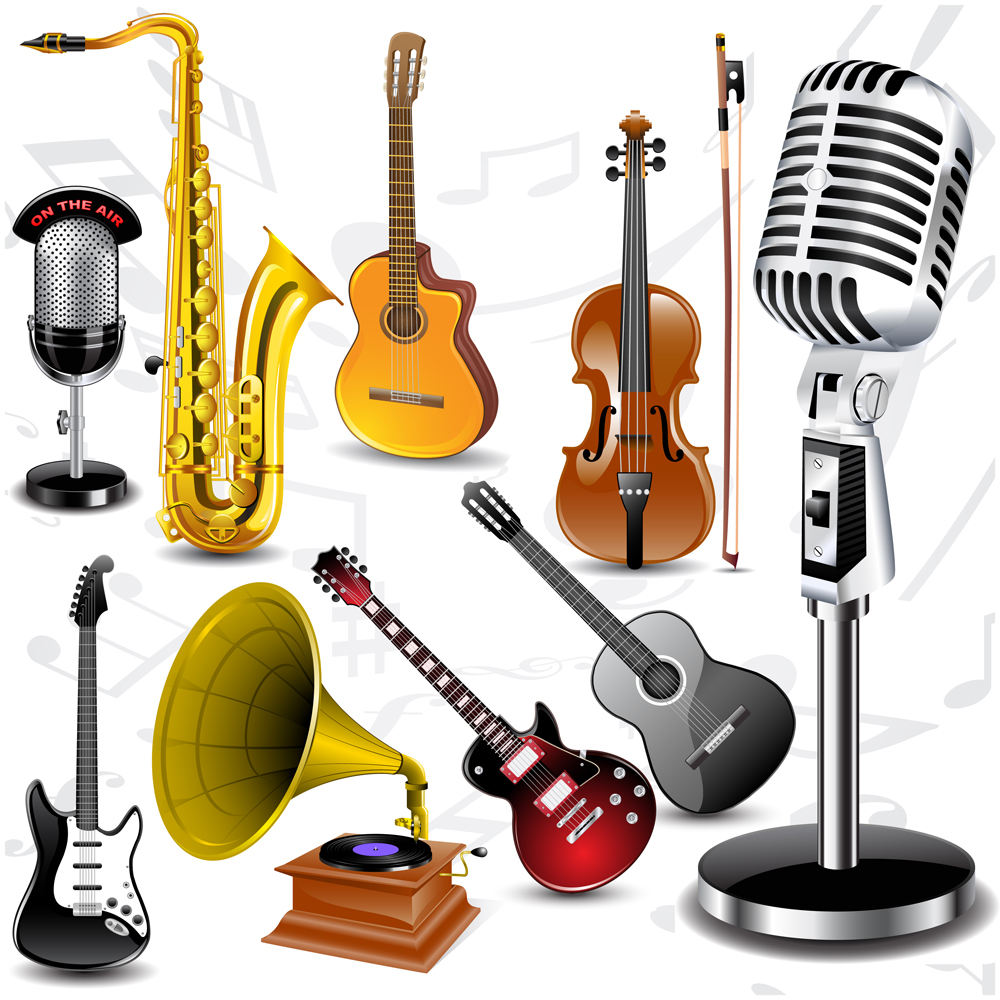 music instruments icons shiny colored modern 3d