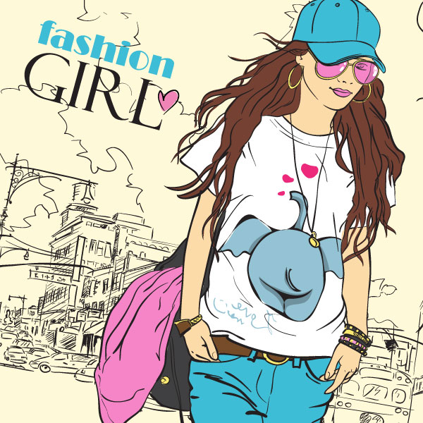 fashion banner modern girl town sketch handdrawn cartoon