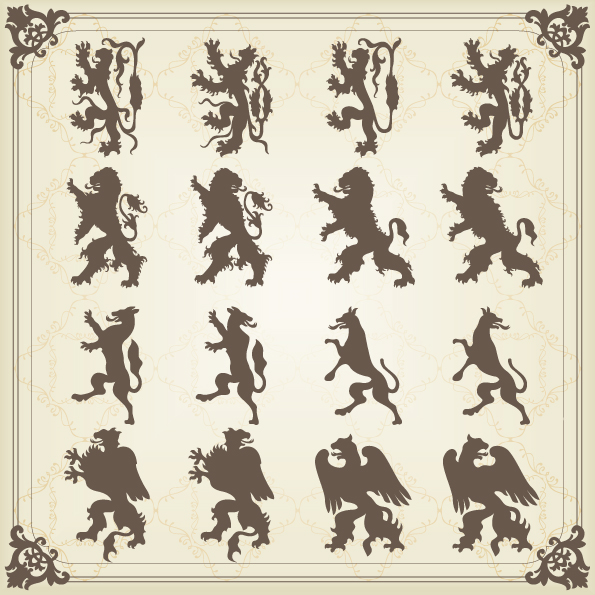 european logo decor elements silhouette legendary animals sketch