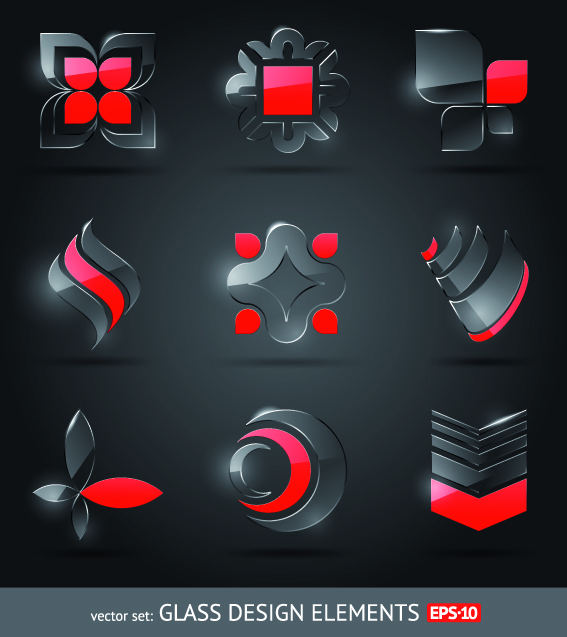 decorative icons shiny glass shapes modern black red