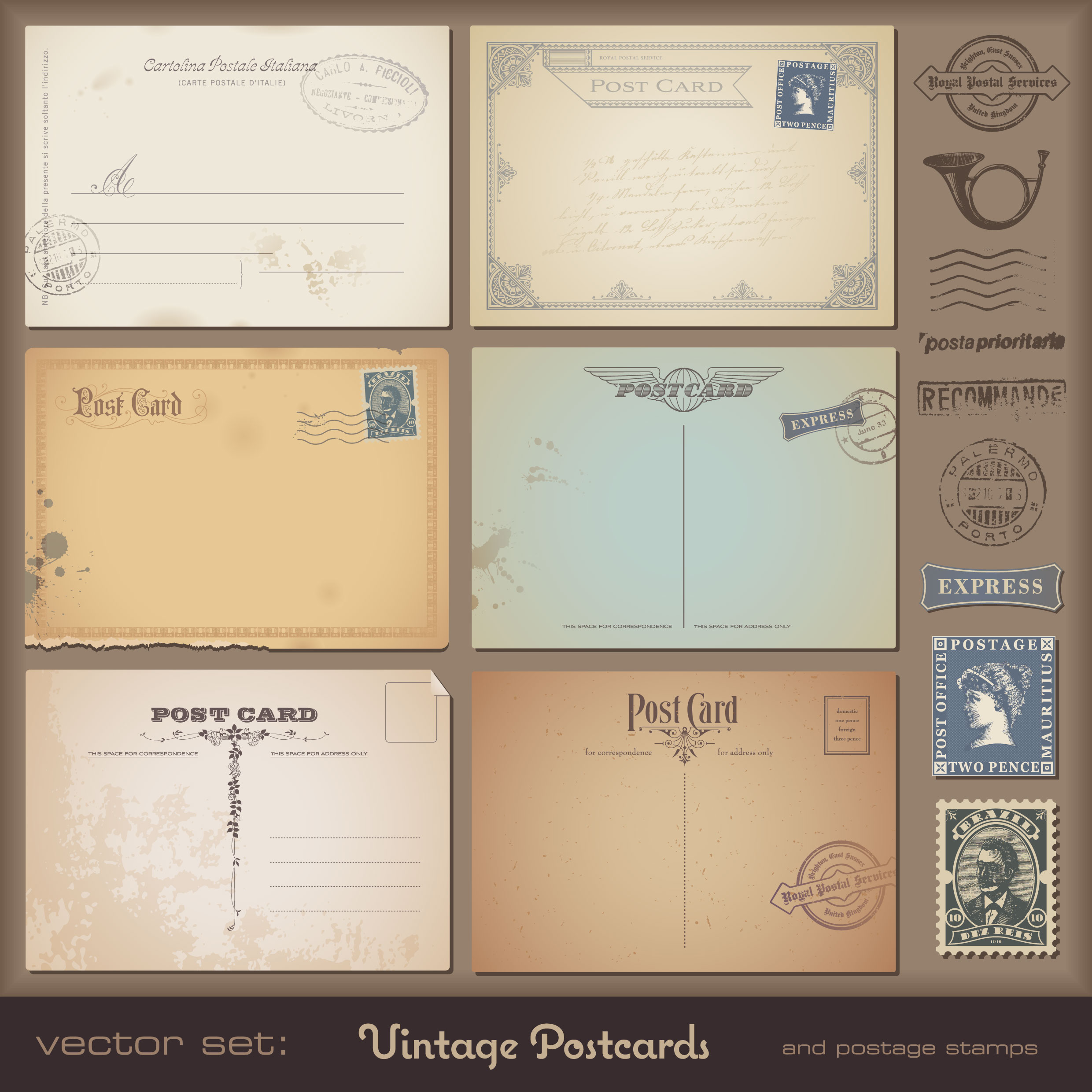 postcard design elements retro envelopes stamps sketch