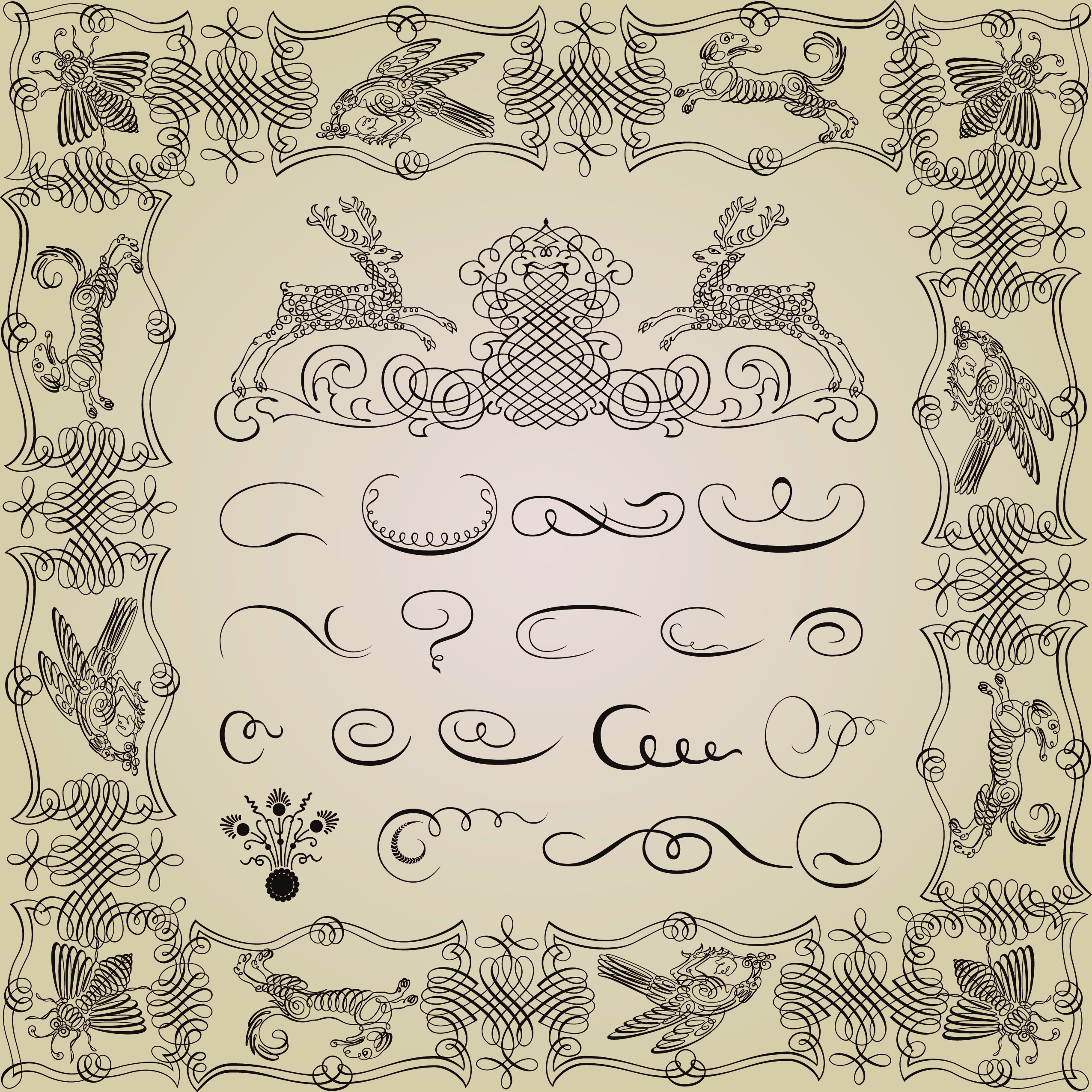 documents decorated vignettes elements classical handdrawn animals sketch