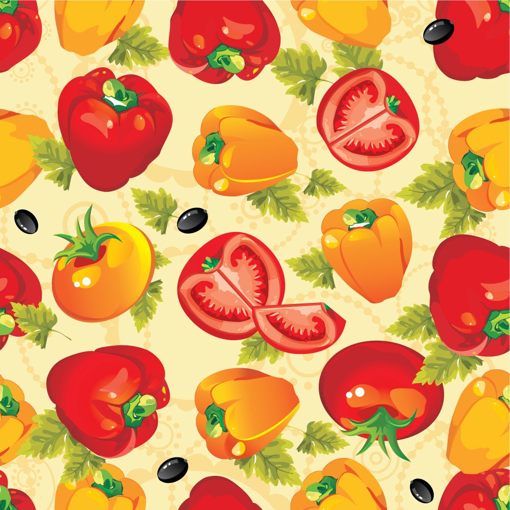 healthy food pattern repeating colorful tomato chili olive sketch