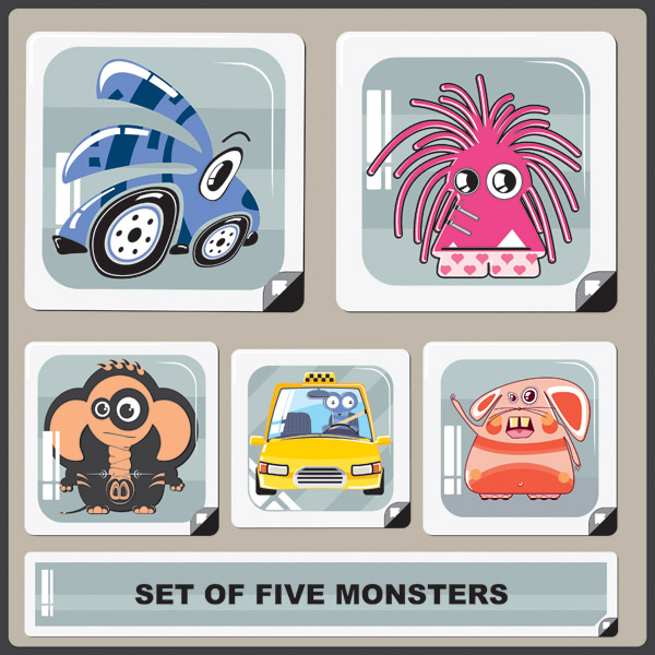 cartoon monster characters icons funny colored flat sketch