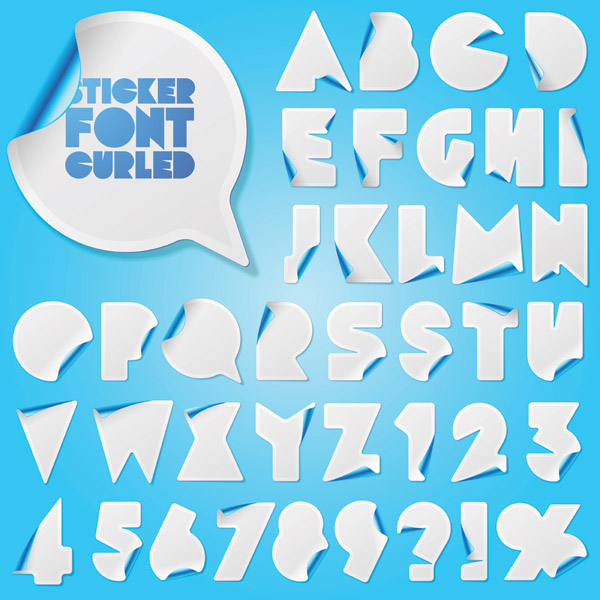 alphabet stickers template modern 3d curled up sketch