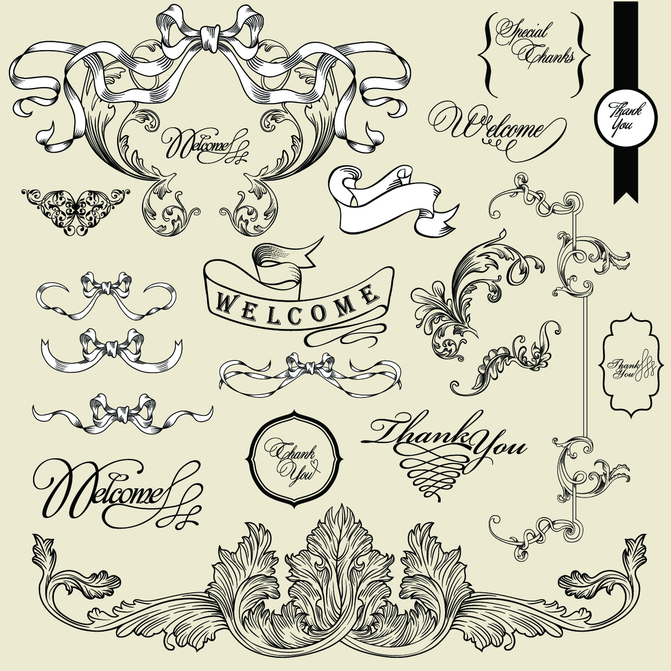 wedding card decor elements elegant symmetric ribbon sketch