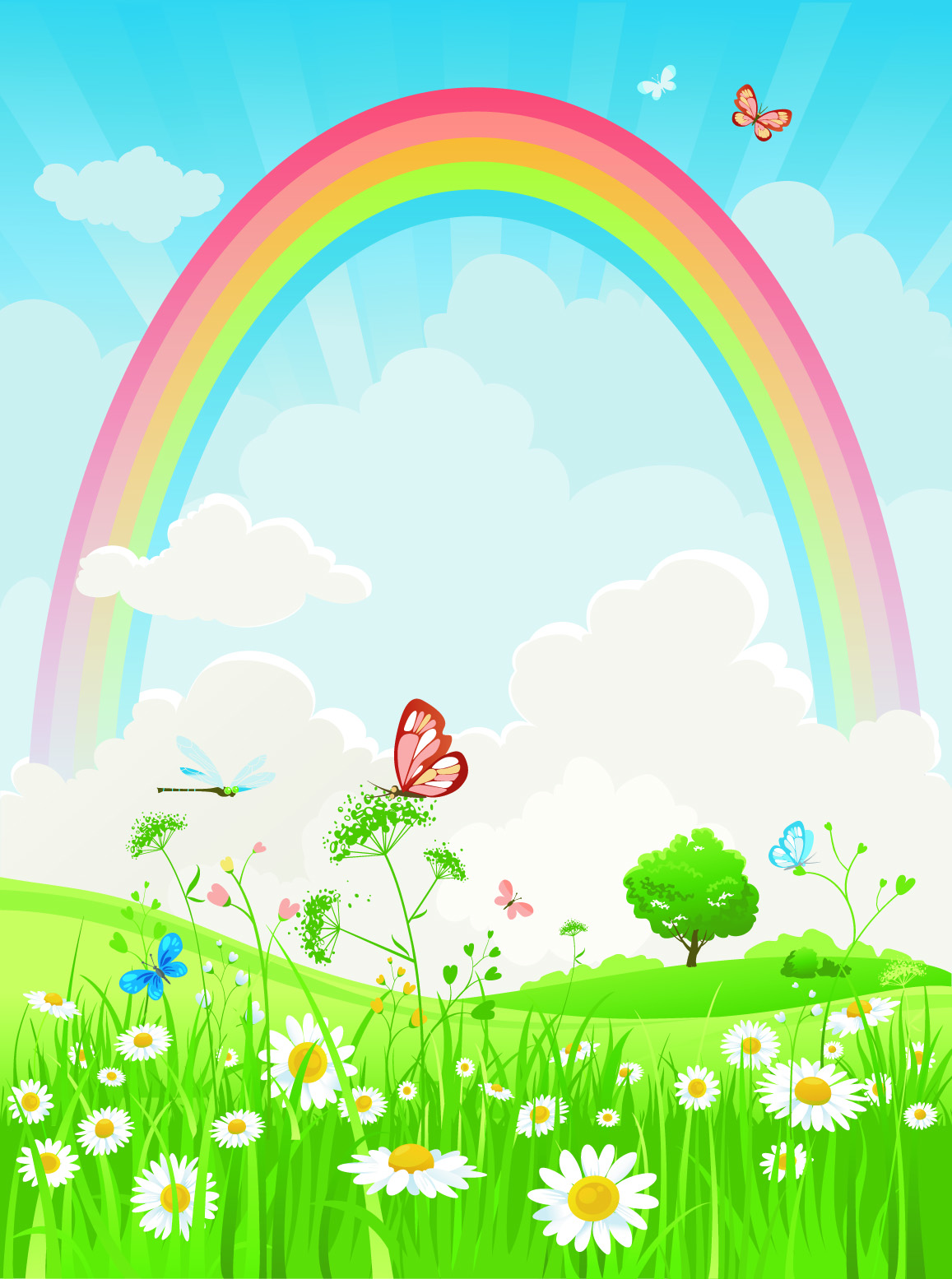 nature scenery background rainbow flowers butterflies dragonfly sketch