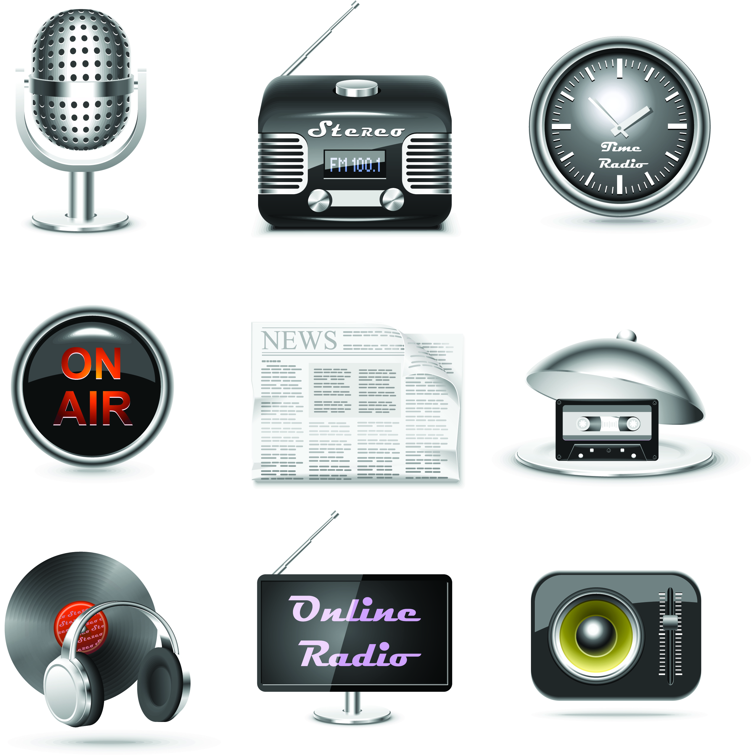 audio broadcast icons shiny modern device objects sketch