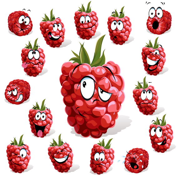 raspberry fruit icons funny stylized emotional faces sketch