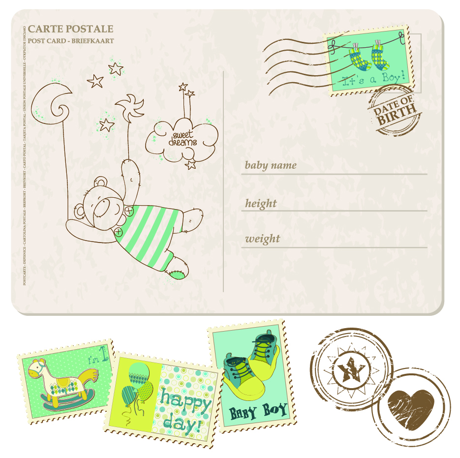 birth postage stamps templates cute retro design