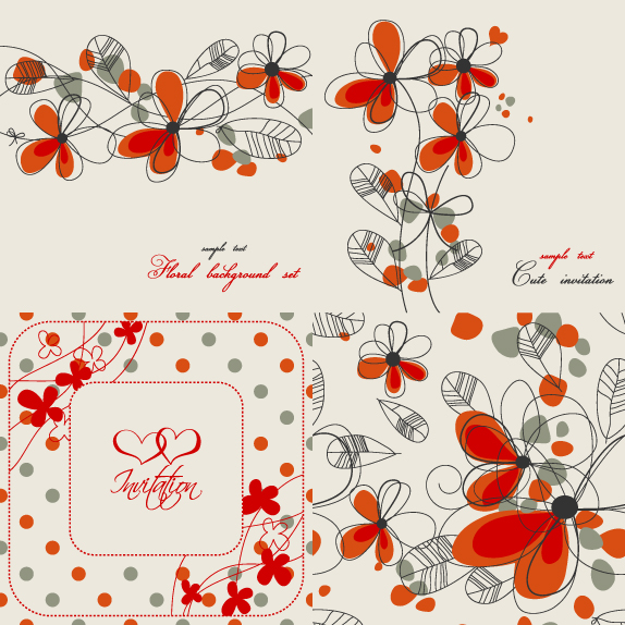 flower card decor elements retro flat handdrawn sketch