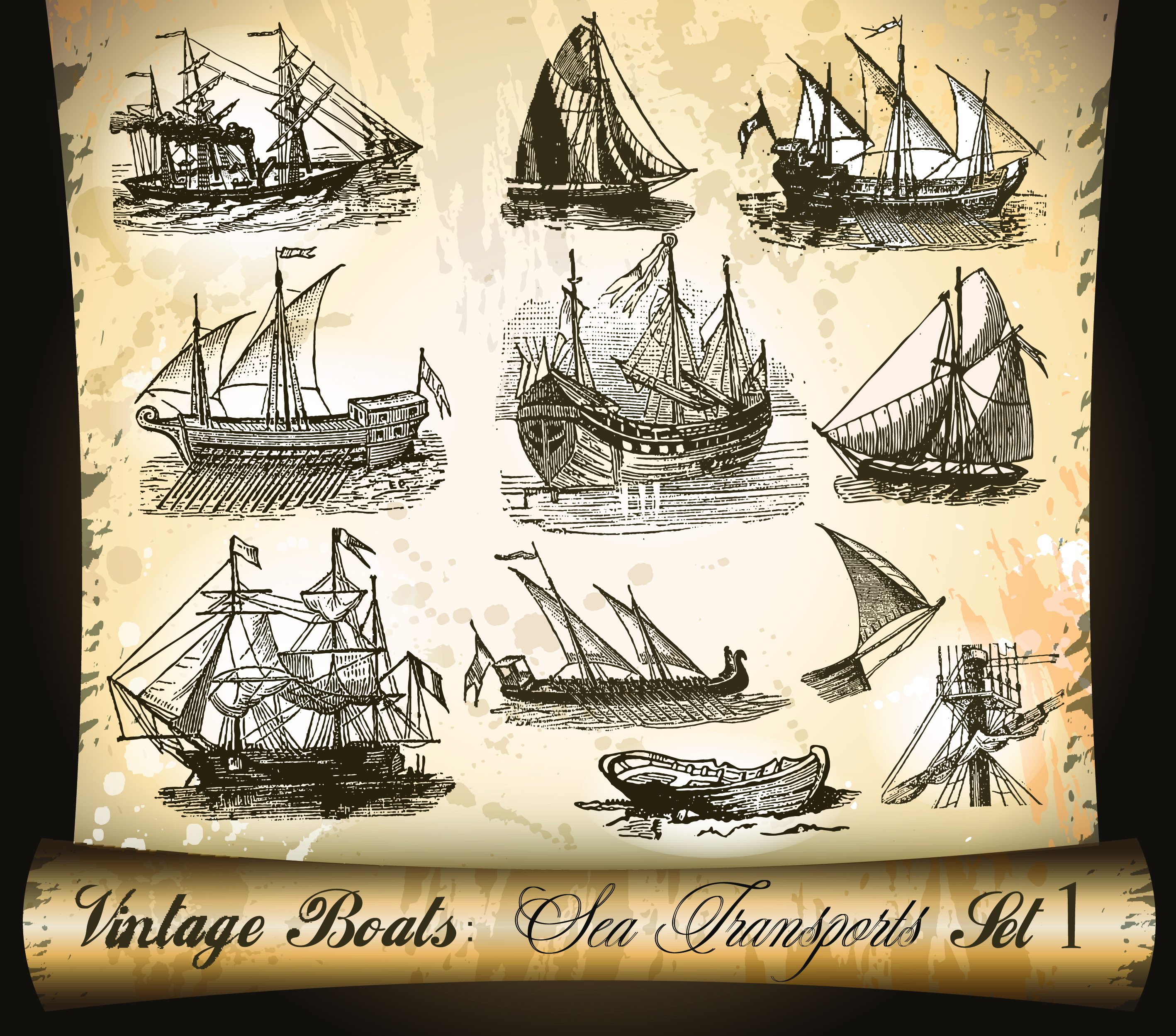 sea vehicles icons retro handdrawn sketch