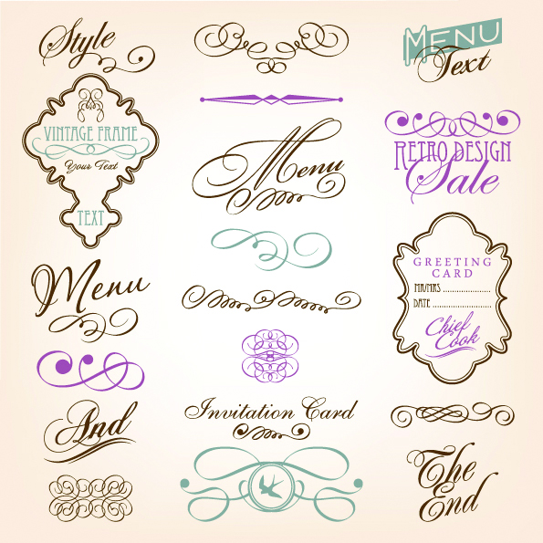 decorative elements elegant symmetric shapes curves calligraphic sketch