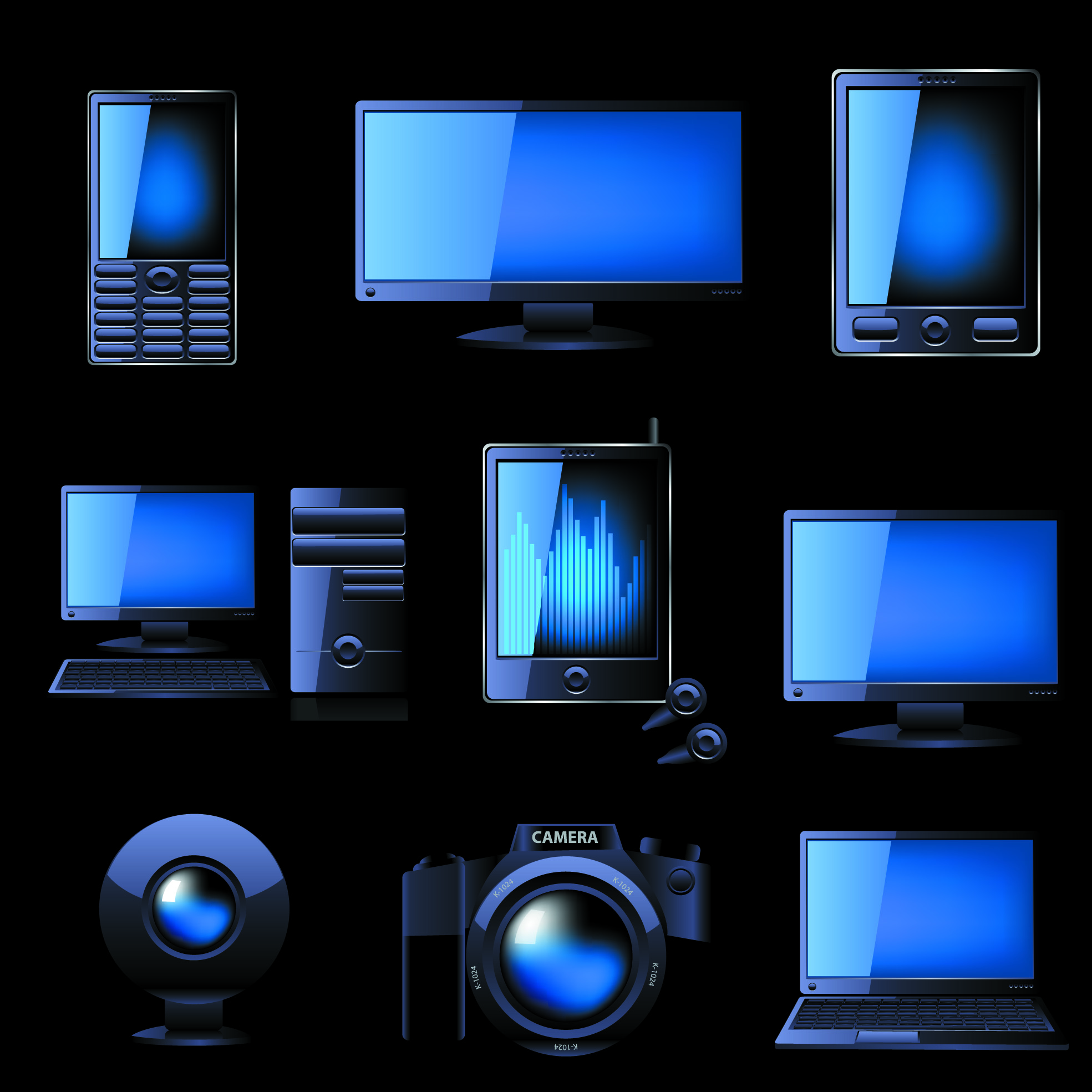 digital technology devices icons shiny modern realistic sketch