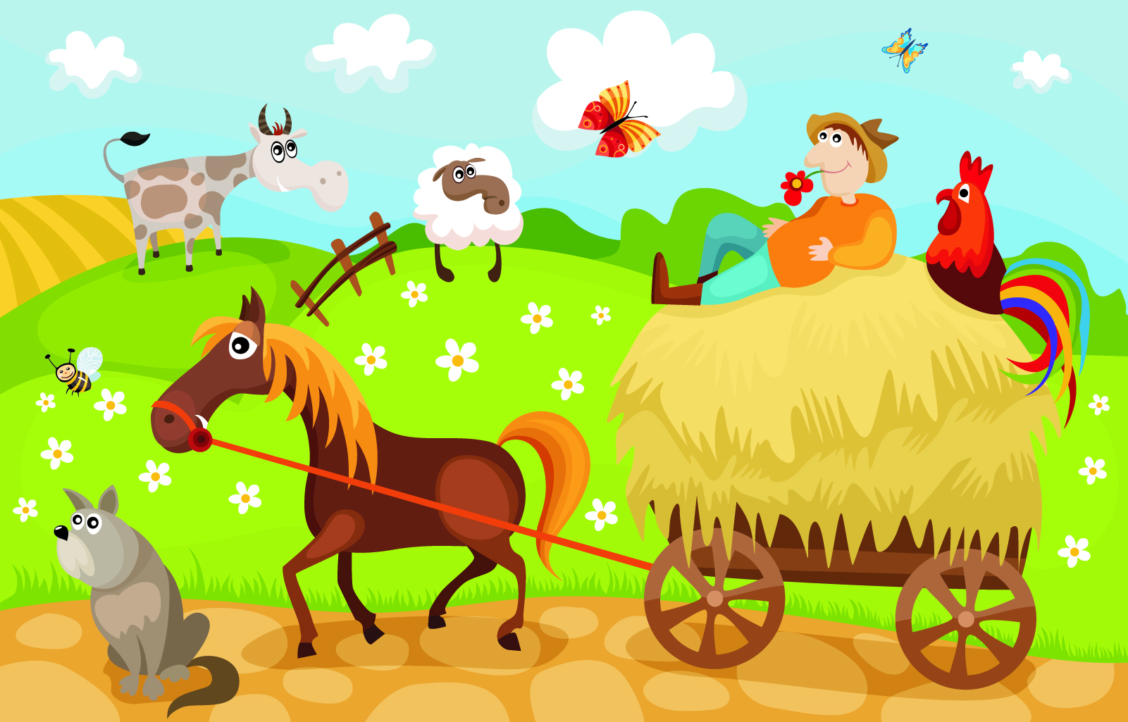 farming scene background colorful decor funny cartoon design