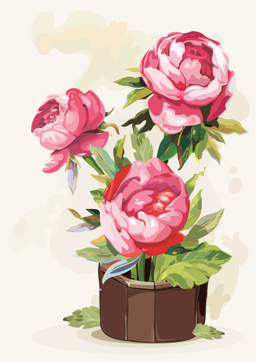 peony flower painting colored retro gouache sketch