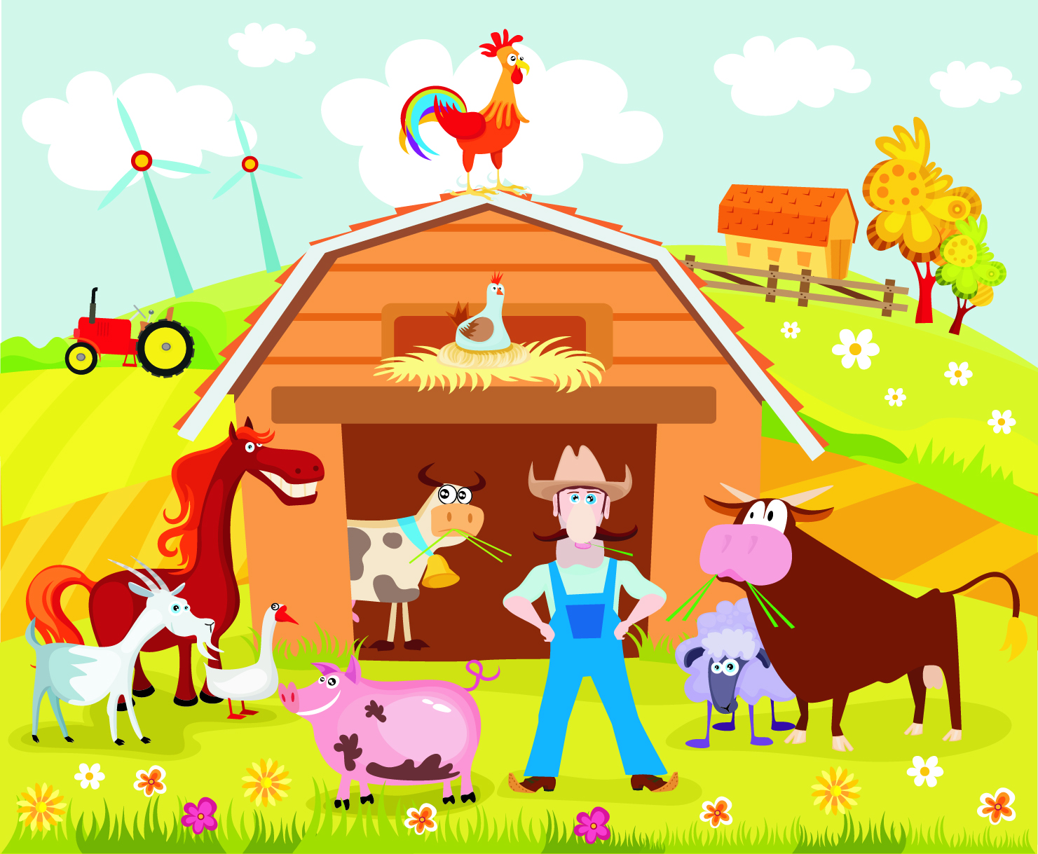 farmland background farmer poultry cattle sketch funny cartoon