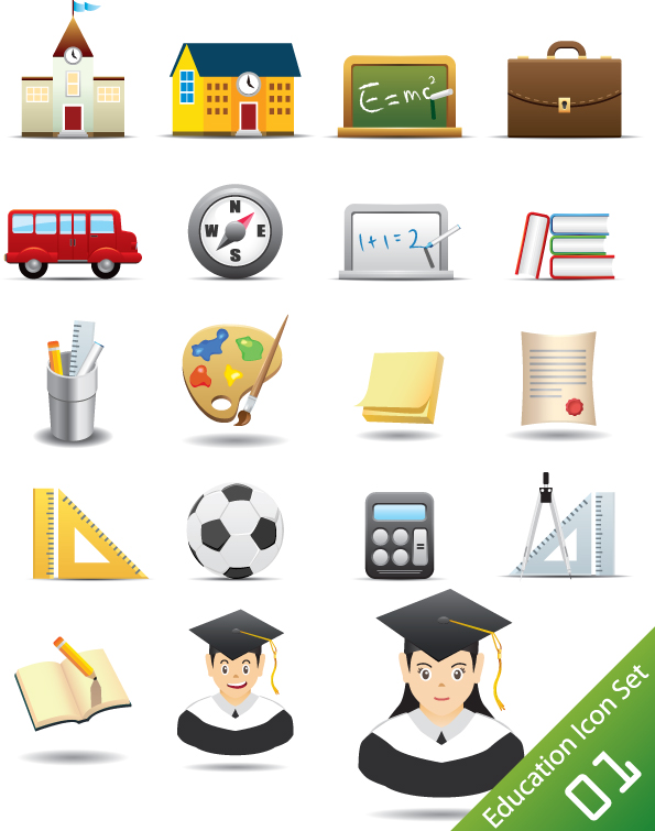 education icons colored modern emblems sketch