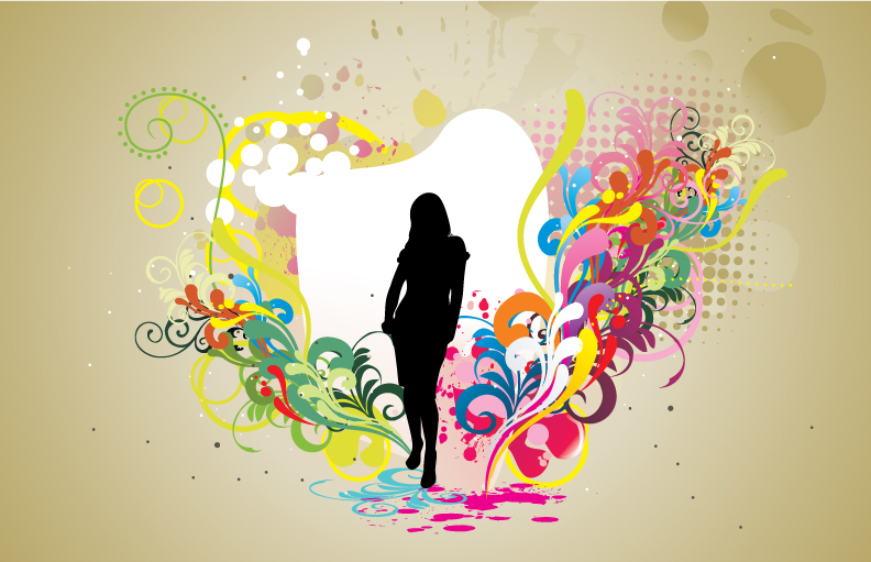 beauty fashion background woman silhouette colorful floral elements