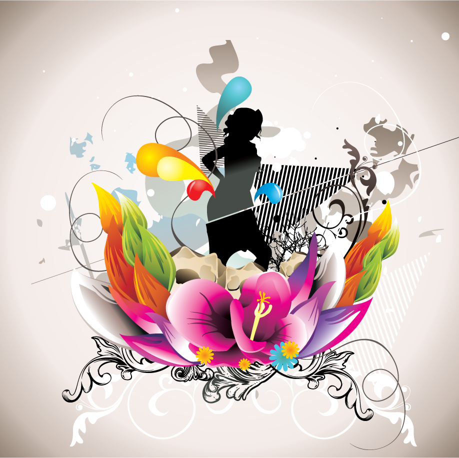 decorative background lady silhouette colorful botany sketch