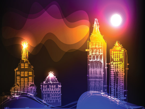 skyscrapers background shining neon decor handdrawn flat design