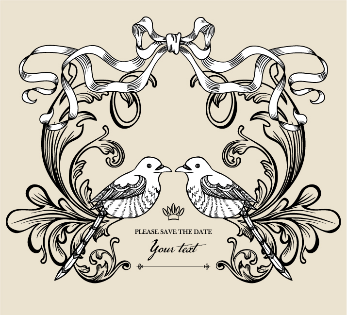 wedding decor template bird couple classical symmetric ribbon