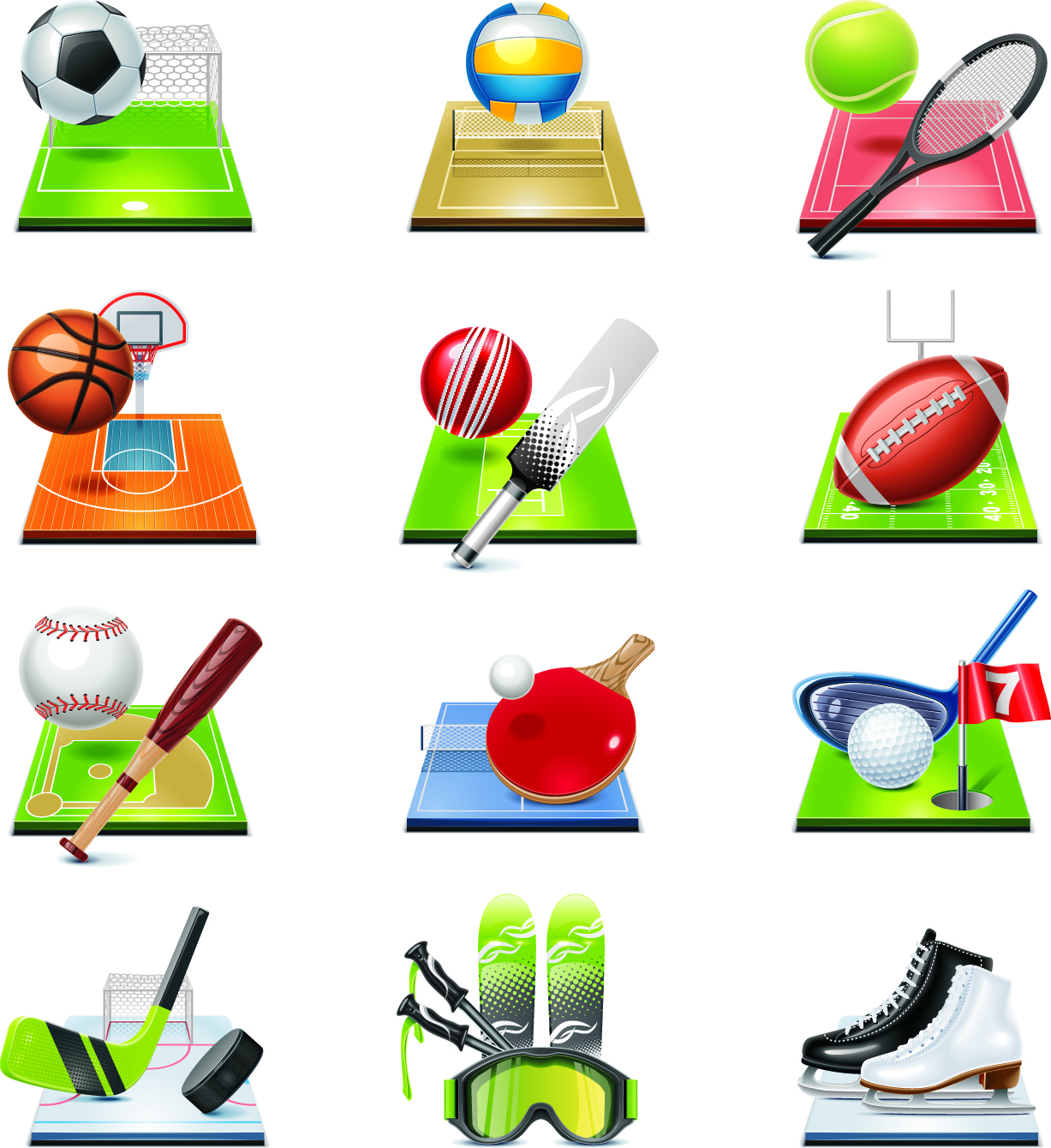 sports icons shiny colored modern 3d sketch