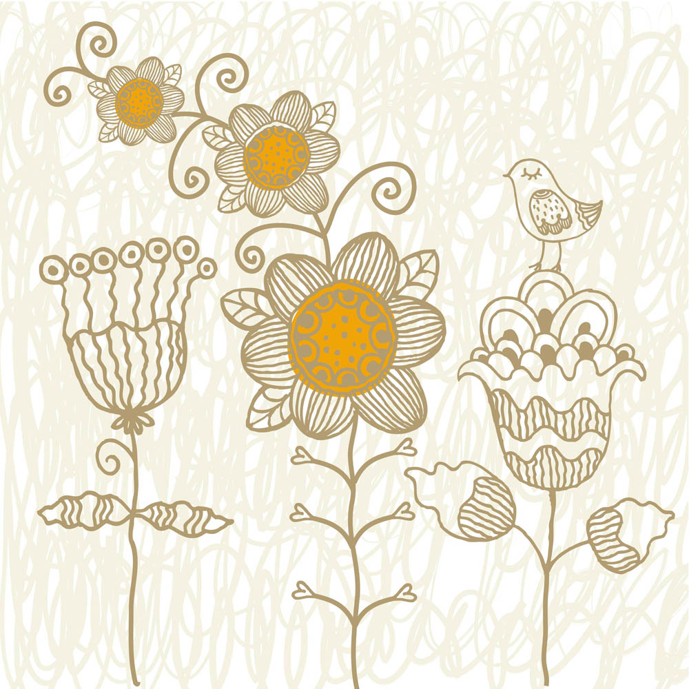 nature drawing petals birds sketch flat retro design