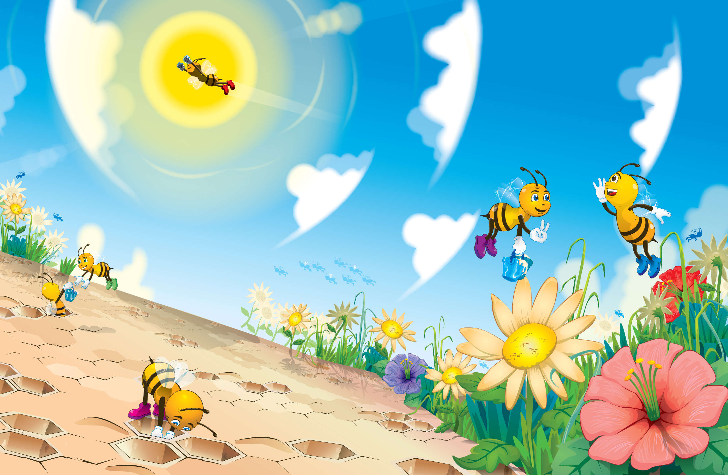 nature background floras bees sketch stylized cartoon design