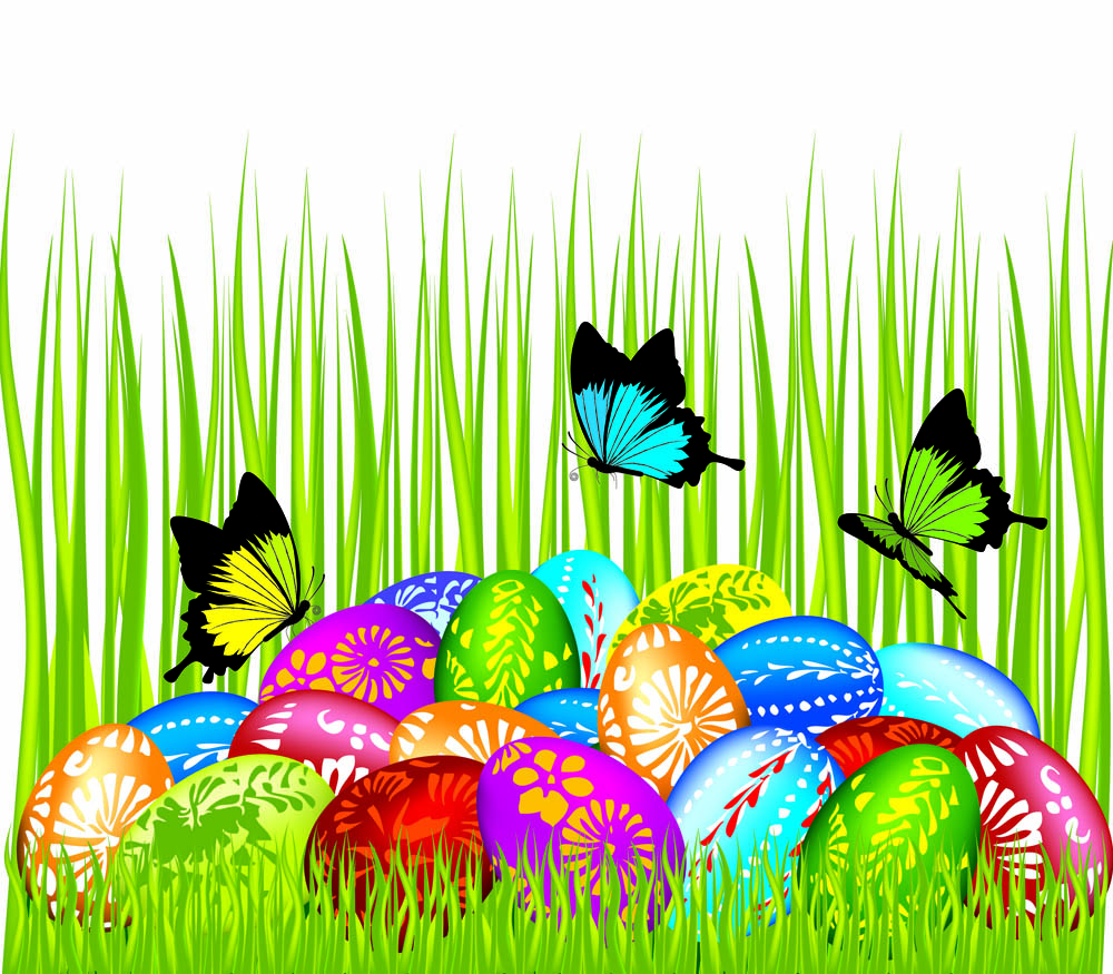 easter background bright colorful eggs butterflies grass decor