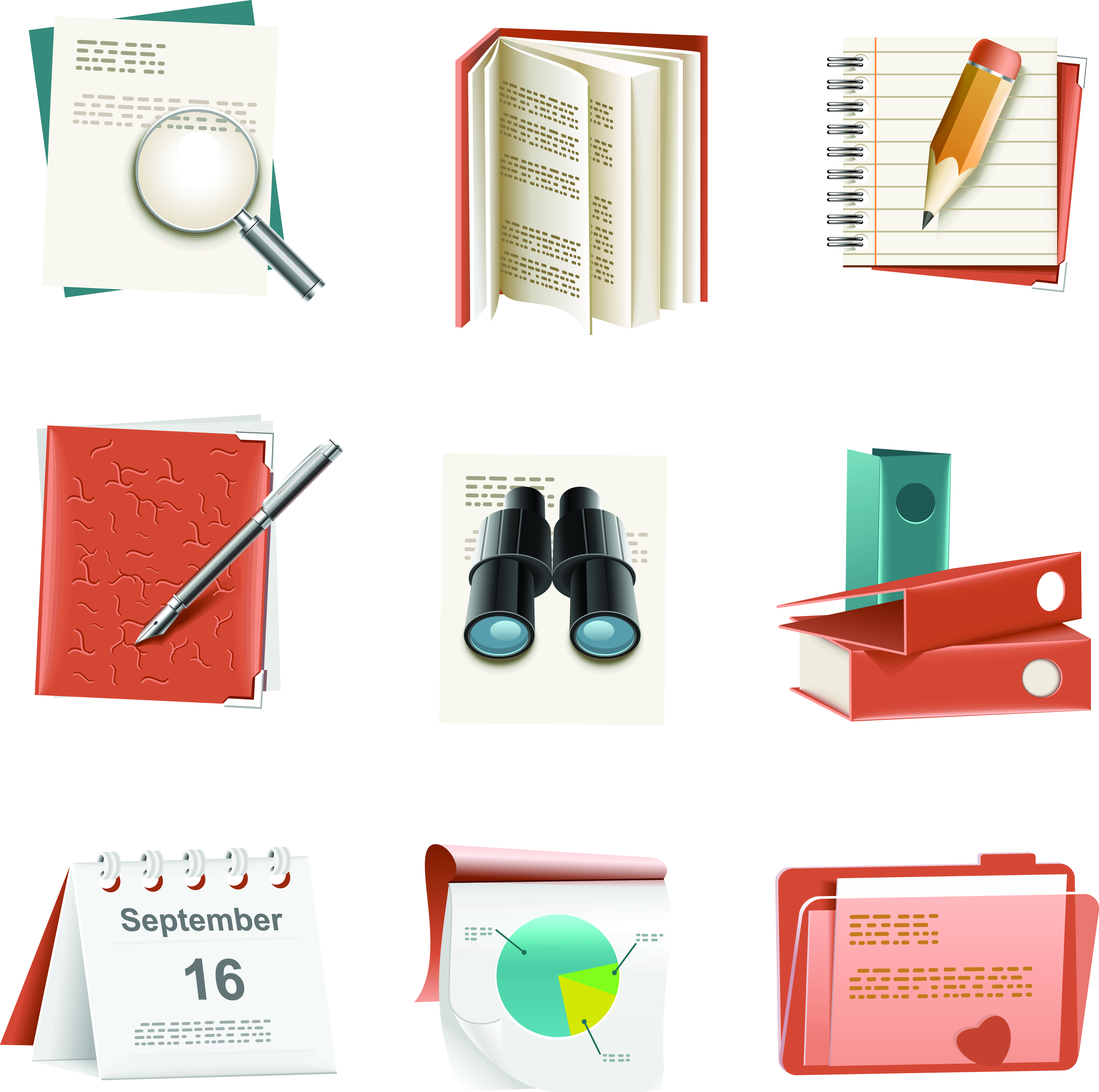 stationery icons modern colored 3d objects sketch