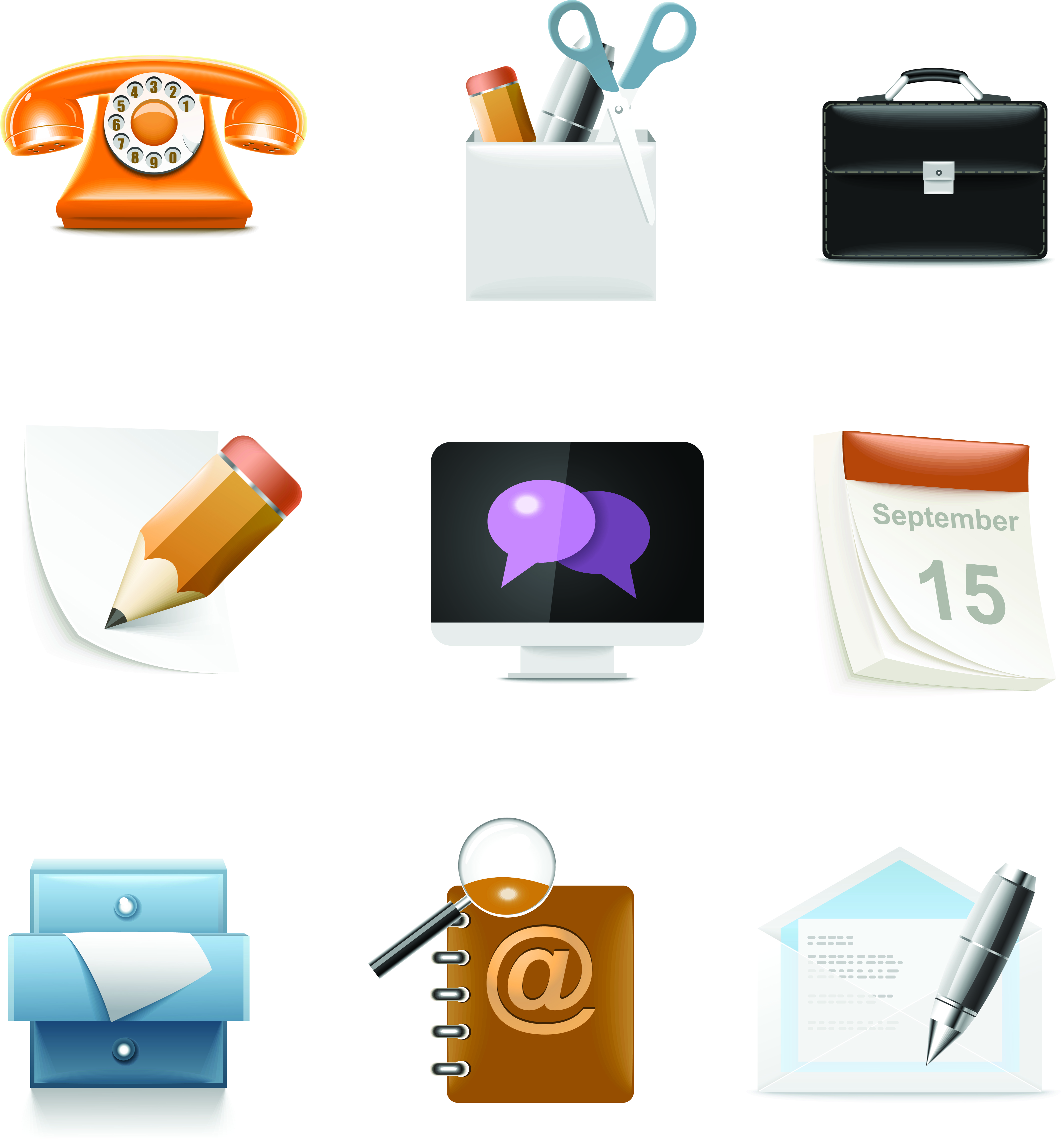 office icons shiny modern 3d symbols sketch