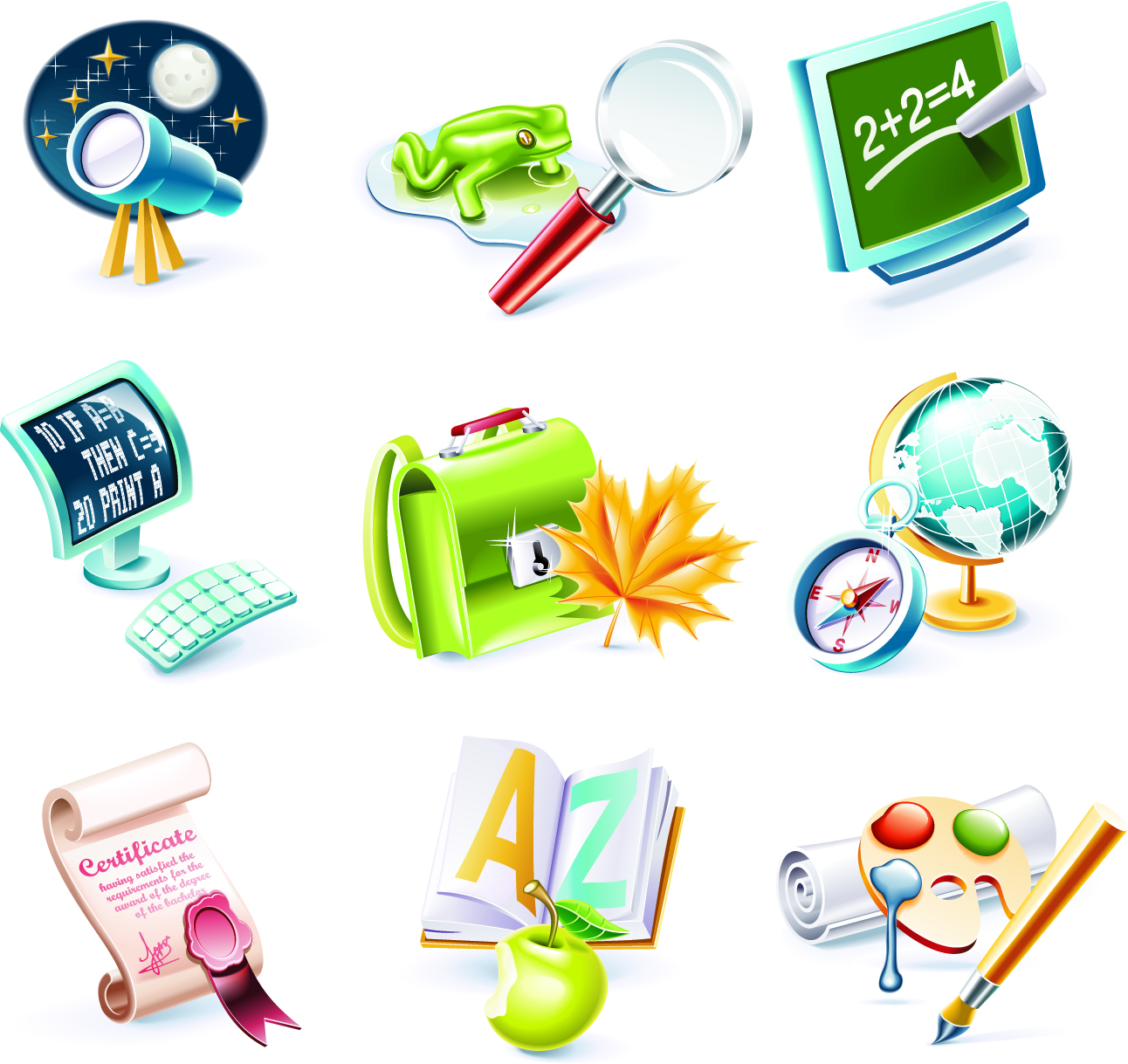 education icons colorful modern 3d symbols sketch