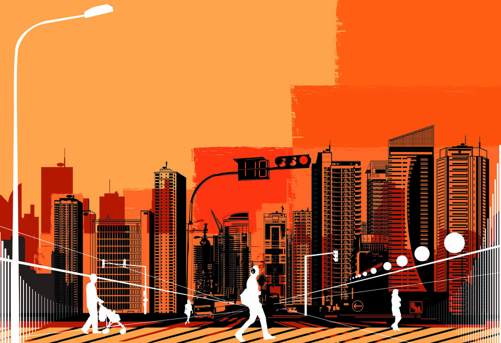 city background modern buildings decor pedestrian silhouette sketch