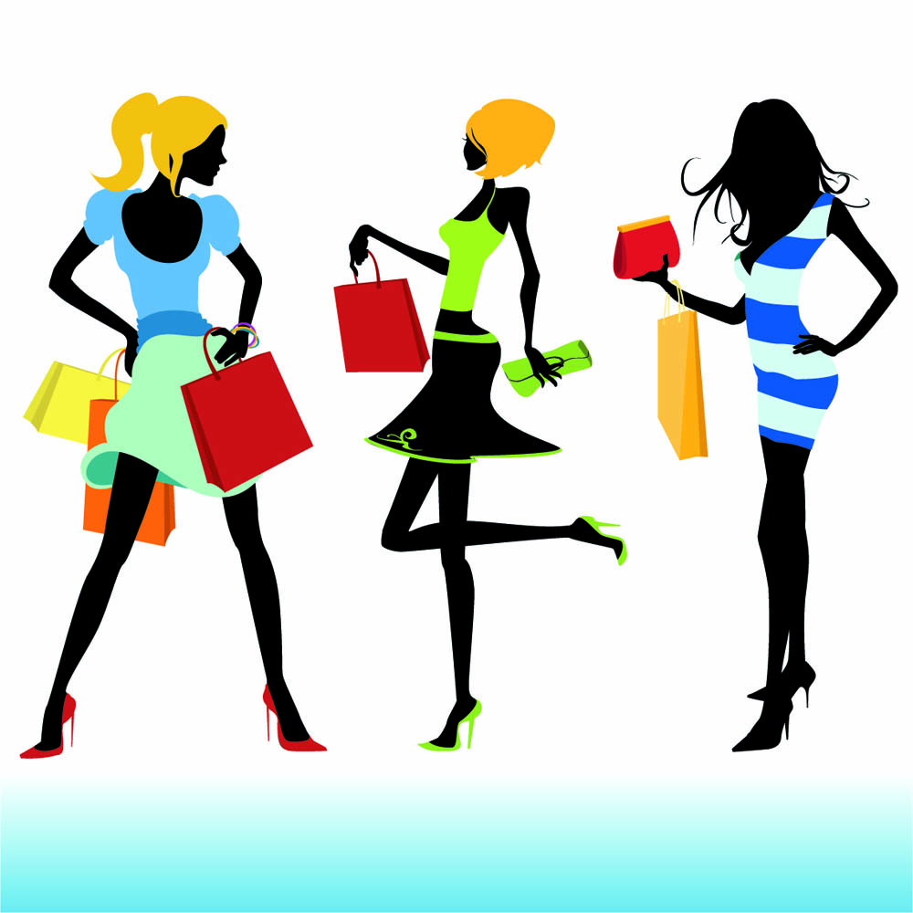 shopping elements icons modern girls sketch colorful silhouettes