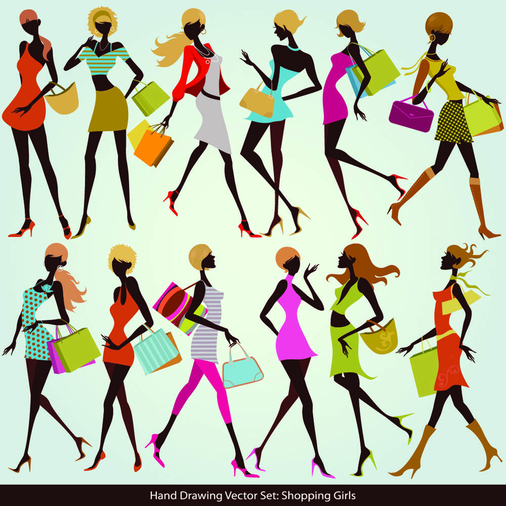 shopping girls icons colorful dynamic sketch