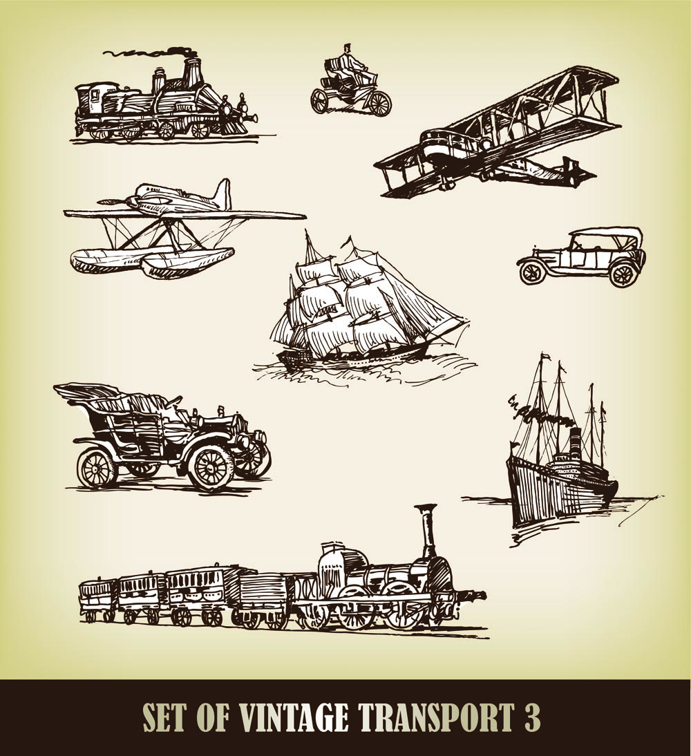 transportation icons vintage design handdrawn 3d sketch