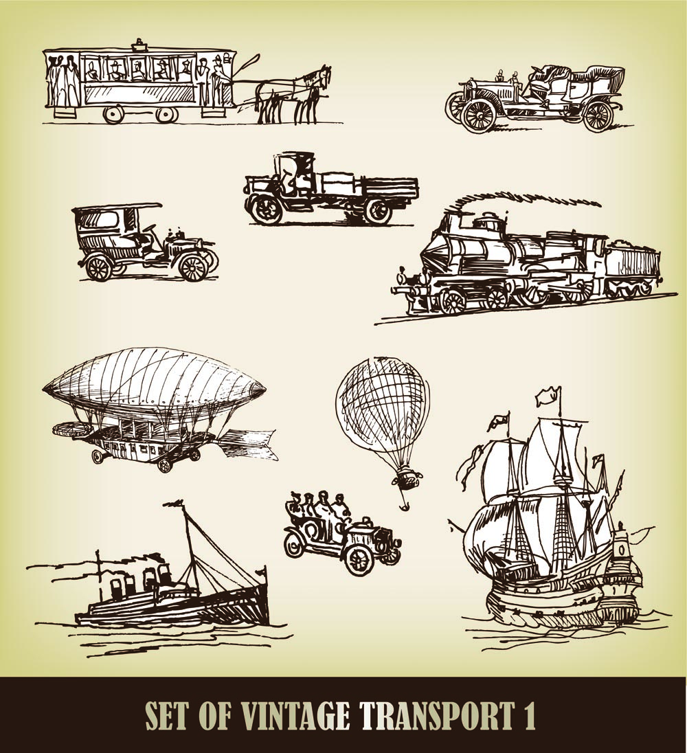 vintage transportation icons handdrawn sketch