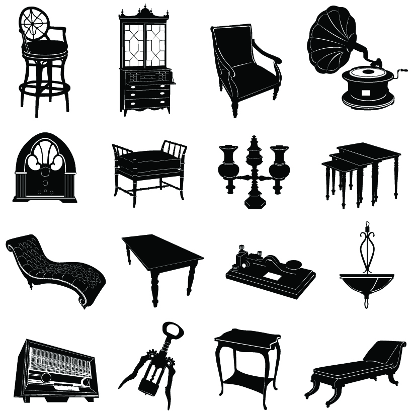 vintage furnitures icons black white 3d sketch