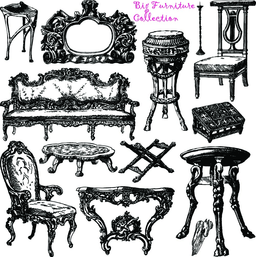 ancient furnitures icons 3d handdrawn sketch