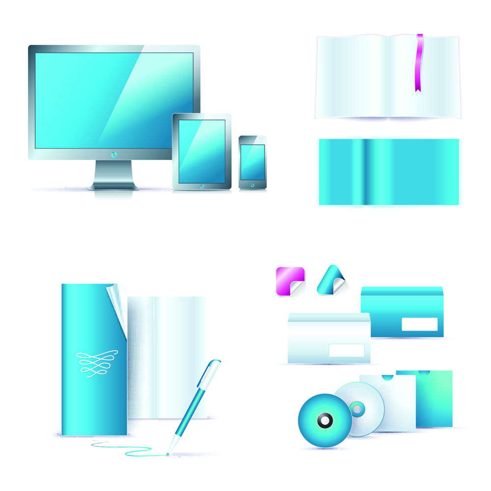 office stationery icons shiny modern blue white decor