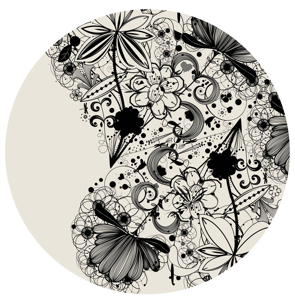 doodle flowers background black white flat circle isolation