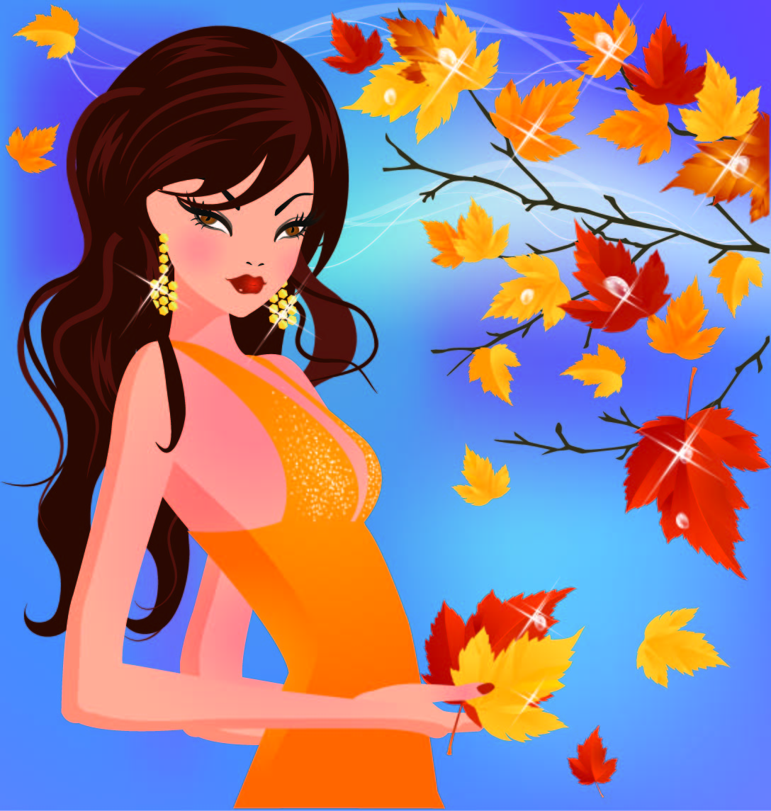 beauty background attractive woman falling leaves sketch