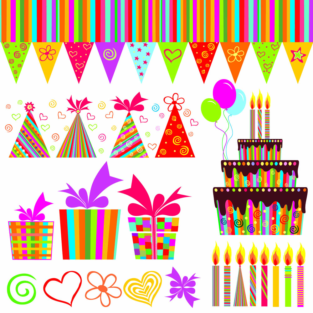 birthday design elements colorful flat symbols sketch