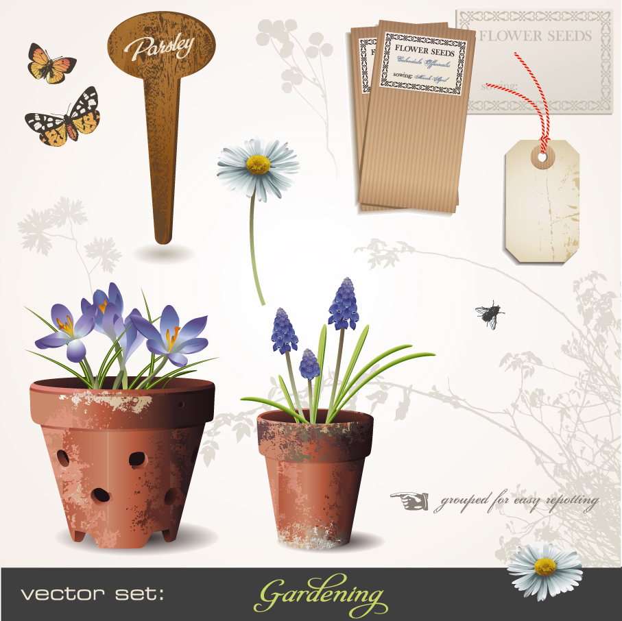 decorative elements classic flowerpots butterflies tag sketch