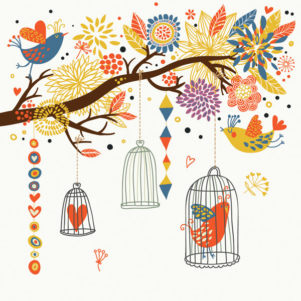 nature background birds cages branch sketch colorful classic