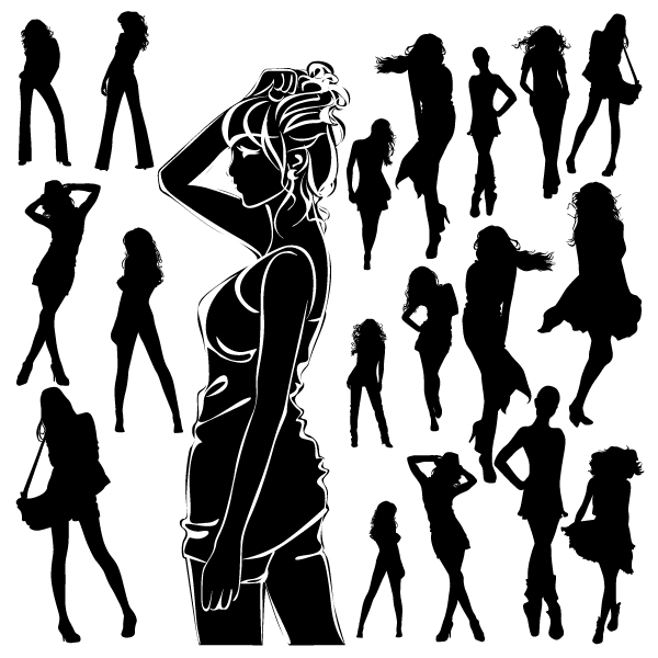 modern girls icons black silhouettes sketch